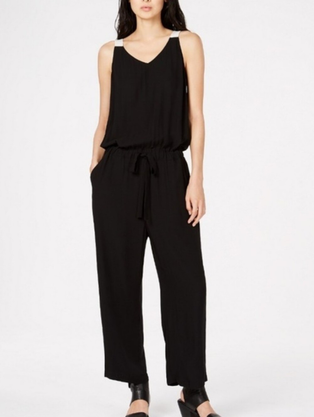 Eileen Fisher Black Sleeveless Drawstring Jumpsuit 100% SILK Size XL
